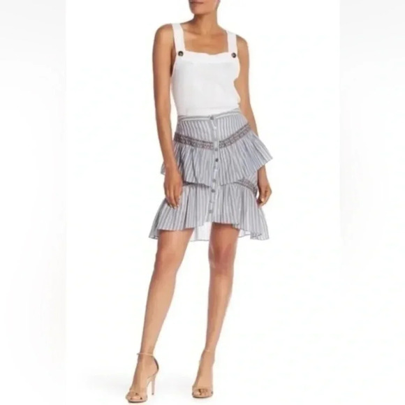 BCBGMAXAZRIA | Bohemian Blue Linen Tiered Ruffle Stripe Button Skirt Size XXS - Picture 3 of 8